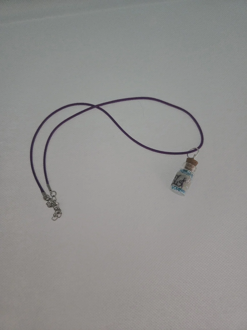 4/$15 Handmade Blue Bottle Pendant Necklace on Purple Cord 